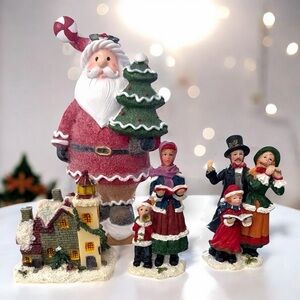 Festive Santa and Carolers Holiday Figurine Set Village Accessories Lot of 4
